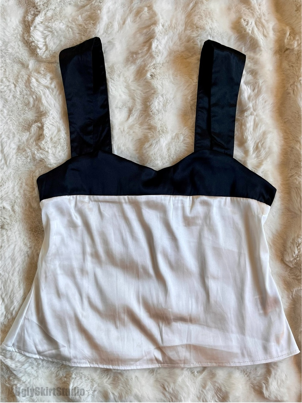 Black White Satin Bow Back Camisole Top Large L Neutral Minimal Basic EUC